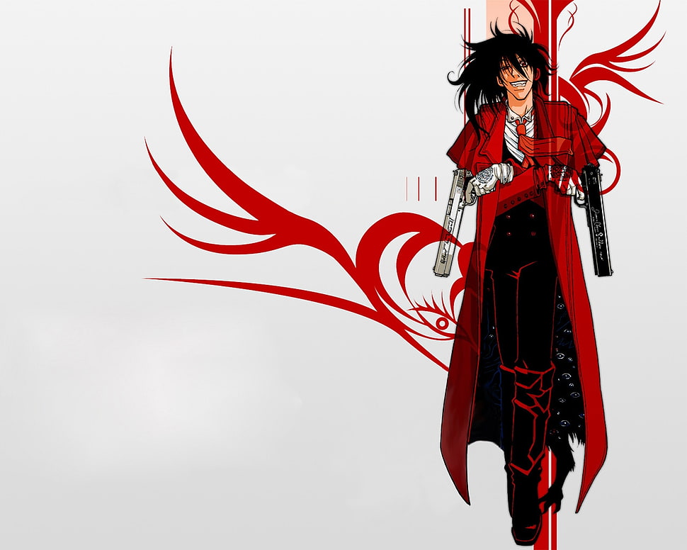 man wearing red coat and guns HD wallpaper