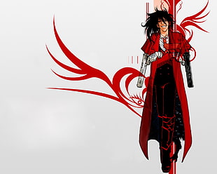 man wearing red coat and guns