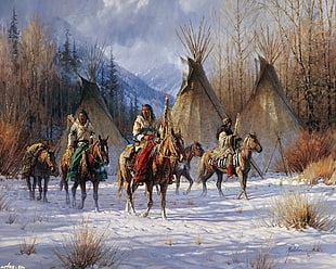 native American Indian men riding horses painting HD wallpaper