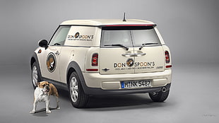white Mini Cooper hatchback, Mini Clubvan, MINI Cooper Clubman, car, dog