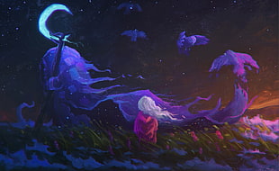 white haired person standing while facing backwards outdoors painting, fantasy art, artwork