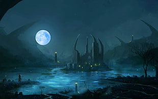 gray castle and moon digital wallpaper, fantasy art, Moon, night