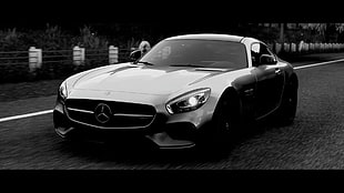 grayscale photo of Mercedes-Benz coupe