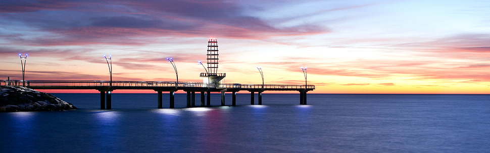 brown dock, sea, pier, multiple display, nature HD wallpaper