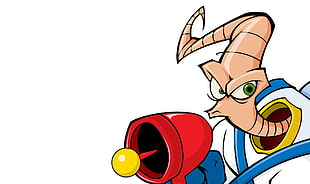 brown cartoon character holding red toy gun, video games, white background, Earthworm Jim, cartoon