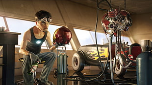 Tony Stark fixing Iron Man suit animation scene HD wallpaper