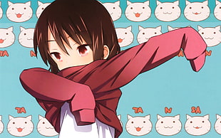 brown haired girl wearing red sweat shirt anime illustration