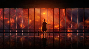 man standing in dark place overlooking galaxy illustration, space, planet, stars, window