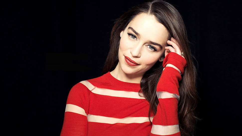 women's red striped crew-neck long-sleeved top, Emilia Clarke, women, blue eyes, brunette HD wallpaper
