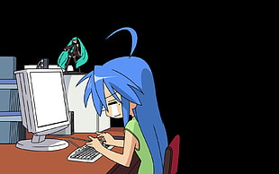 blue haired girl anime sitting on brown chair facing white computer set