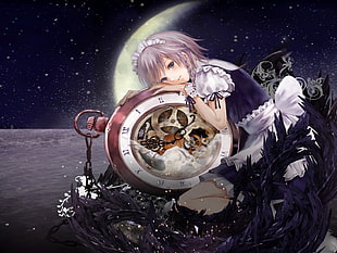 gray haired girl anime character leaning on clock