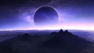 silhouette photo of mountain at night, planet, solar eclipse, space art, mountains