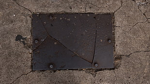 brown concrete block, metal plate, concrete,  4K