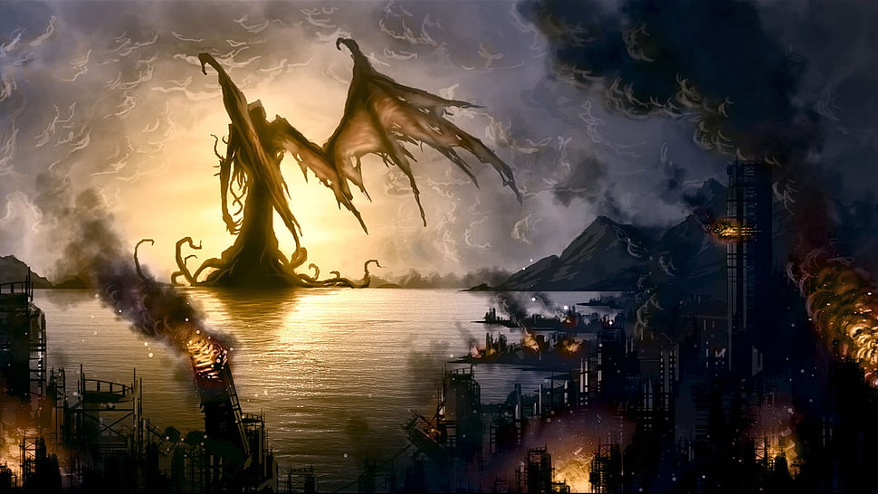 dragons digital wallpape, wings, Cthulhu, destruction, creature HD wallpaper