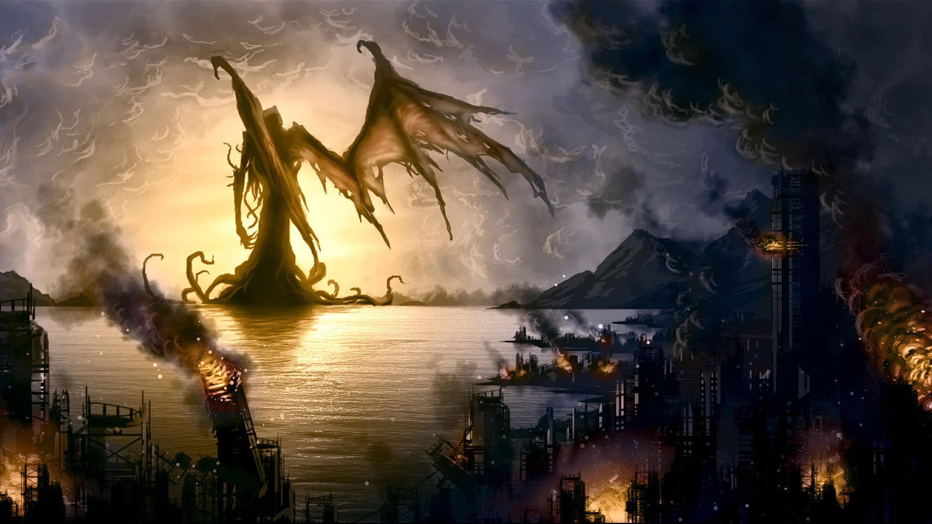 dragons digital wallpape, wings, Cthulhu, destruction, creature