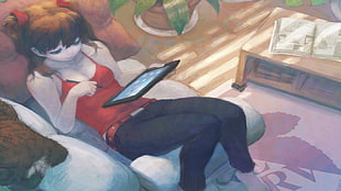 brown-haired female anime character sitting on sofa chair holding tablet computer, Asuka Langley Soryu, Neon Genesis Evangelion