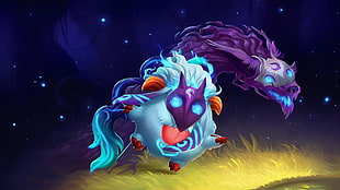 white and purple character wallpaper, League of Legends, Kindred (League of Legends), Poro