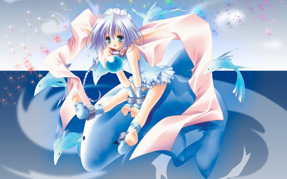 anime character girl wearing blue dress riding on fish poster HD wallpaper