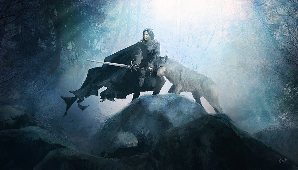 man holding a sword with wolf, A Song of Ice and Fire, Game of Thrones HD wallpaper