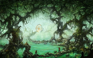 forest filled with water digital wallpaper, fantasy art, forest