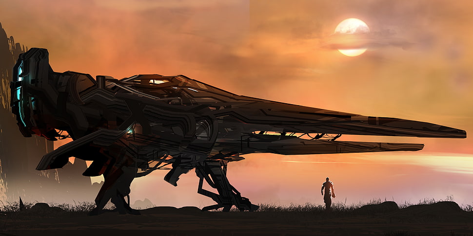 gray space ship, science fiction, spaceship, horizon, artwork HD wallpaper
