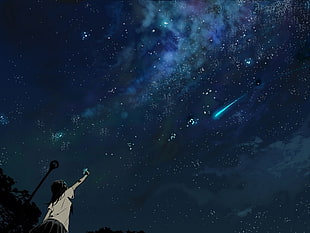 black haired girl anime character looking falling star