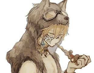 blonde male anime character wearing brown wolf fur coat
