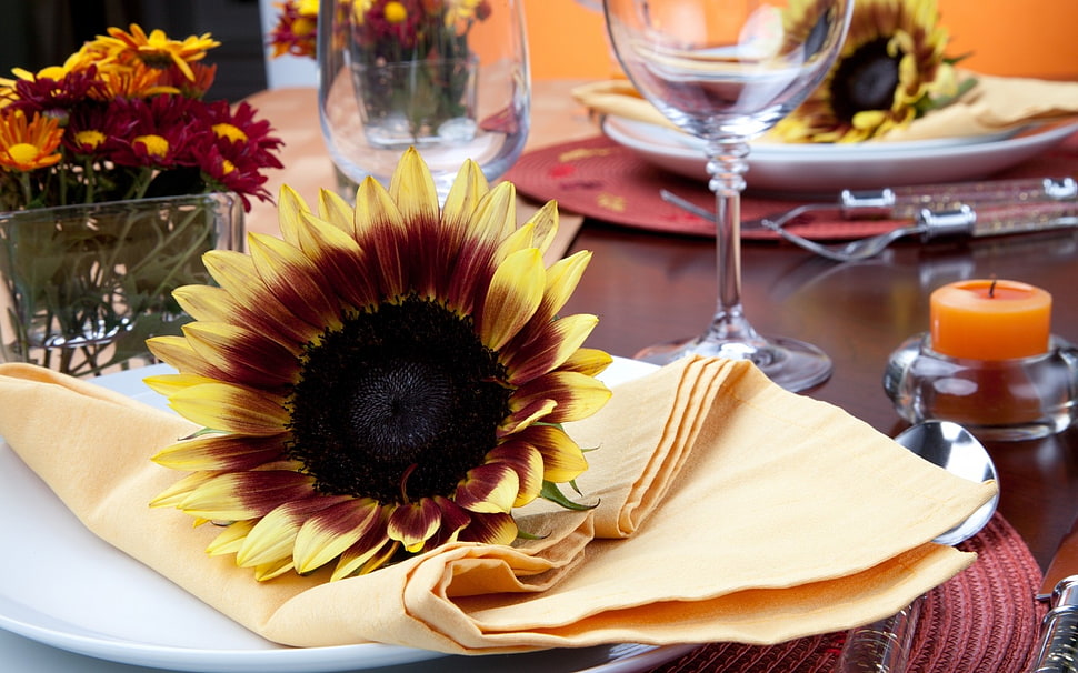 sunflower on yellow cloth HD wallpaper