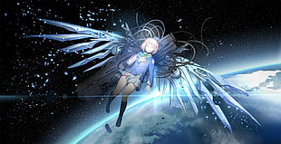 anime character illustration, wings, weapon, space, Earth