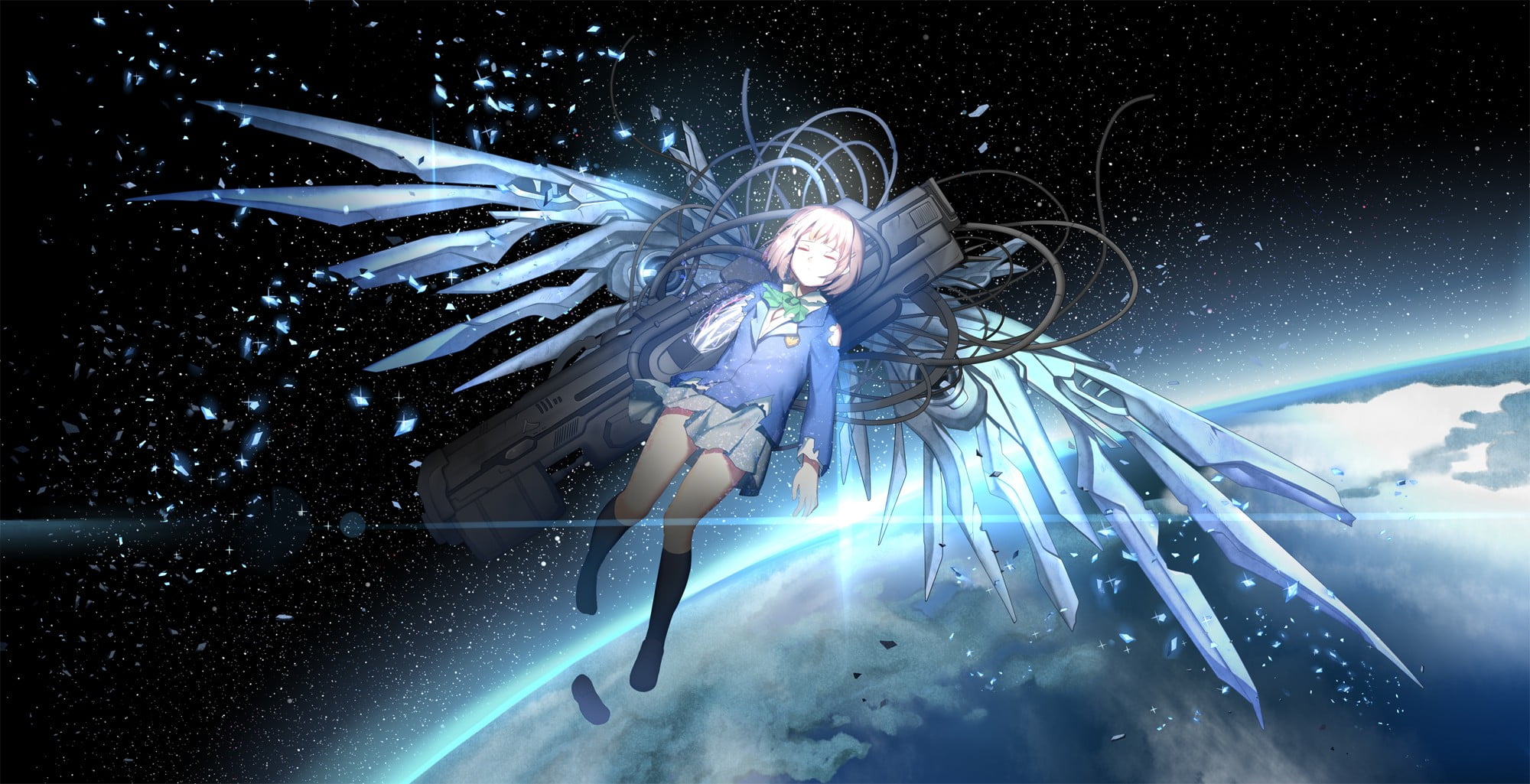 anime character illustration, wings, weapon, space, Earth