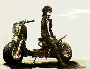 female anime character sitting on motorcycle, original characters, Vespa, smoking
