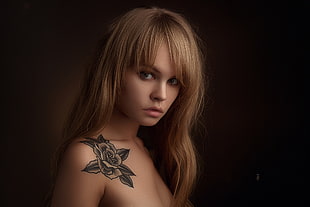 women's black floral chest tattoo, women, Anastasia Scheglova, blonde, tattoo HD wallpaper