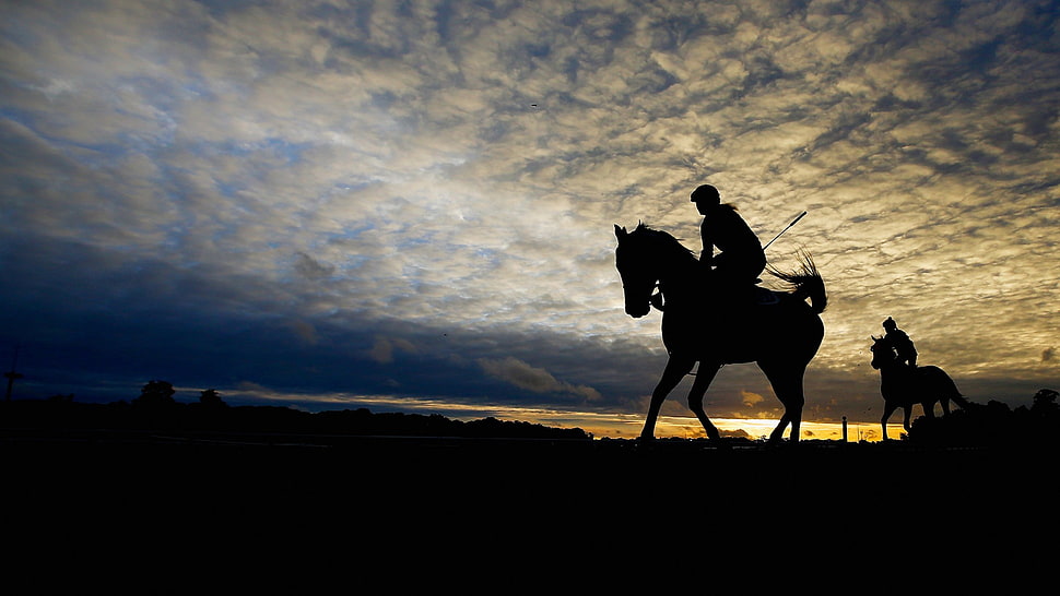 silhouette of man riding horse under white clouds and blue skies HD wallpaper