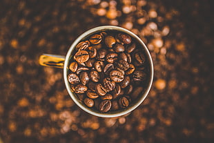 shallow focus photography of coffee bean lot, depth of field, coffee beans, mugs HD wallpaper