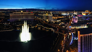 aerial photography of high rise building, city, Las Vegas, hotel, fountain