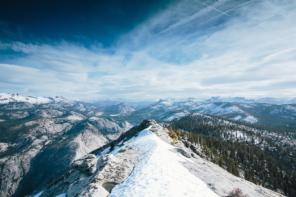 mountain cover by snow under white clouds HD wallpaper