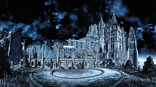 concrete castle illustration, Dark Souls, Dark Souls III, night, Irithyll