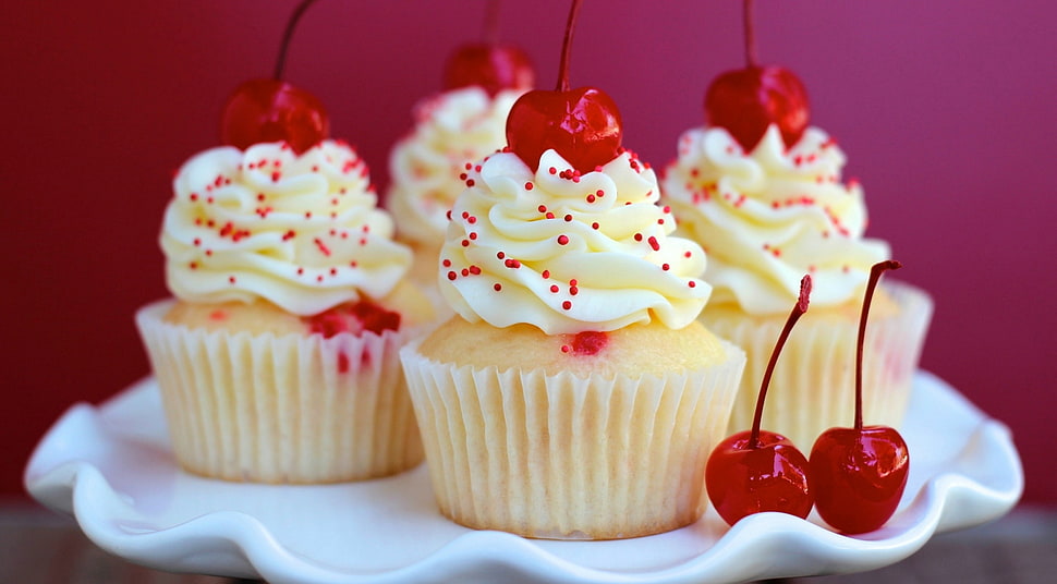 four cupcakes with cherries HD wallpaper