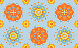 orange, teal. yellow, and orange floral illustration