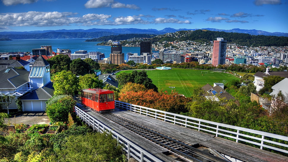 train on rail, architecture, building, Wellington, New Zealand HD wallpaper