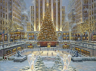gold Christmas tree painting HD wallpaper