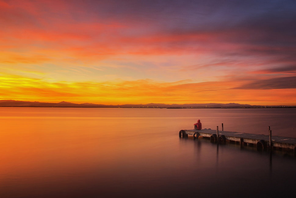 brown wooden dock, photography, nature, landscape, sunset HD wallpaper