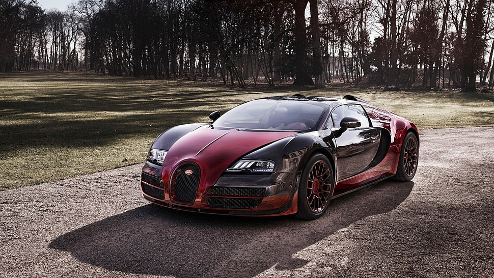 red and black Bugatti Veyron coupe, car HD wallpaper