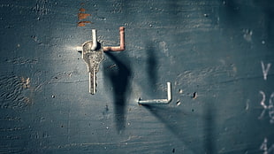 gray steel key, wall, minimalism, simple, wood