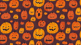 orange and yellow pumpkin artwork, pumpkin, Halloween