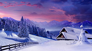 house covered with snow painting HD wallpaper