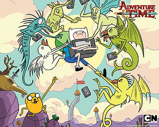 Finn holding CRT TV from Adventure Time illustration HD wallpaper