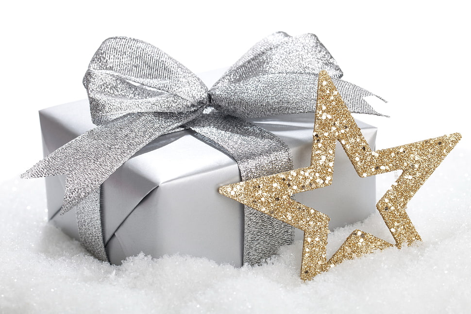 gray present box with gold star decor HD wallpaper