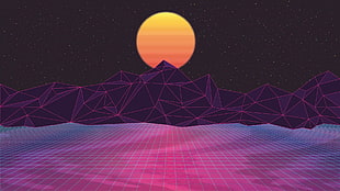 mountain 3D illustration,  retrowave, Retrowave, digital art, purple