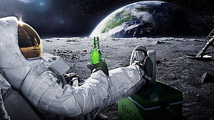 astronaut holding green bottle relaxing watching the earth